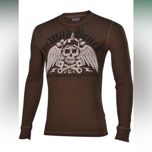 Lucky Brand Vintage Inspired Brown Graphic Long Sleeve Shirt Waffle Knit Thermal